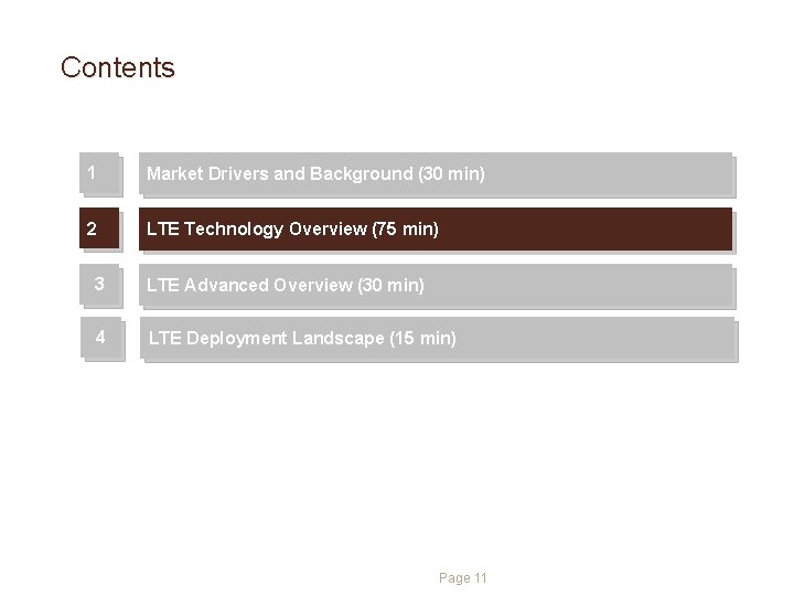 Contents 1 Market Drivers and Background (30 min) 2 LTE Technology Overview (75 min) Contents 1 Market Drivers and Background (30 min) 2 LTE Technology Overview (75 min)