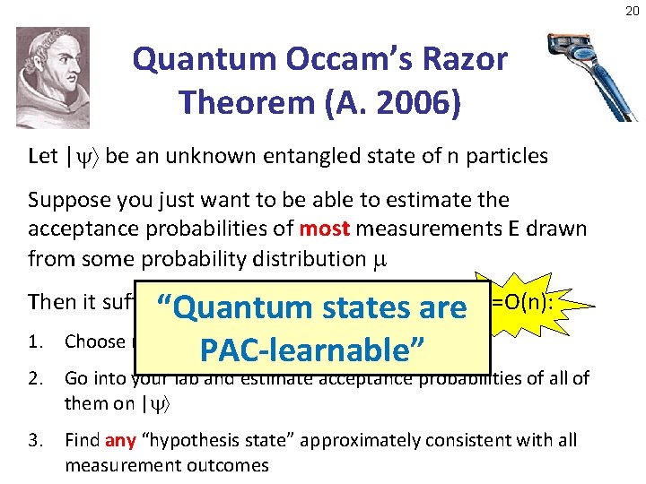 20 Quantum Occam’s Razor Theorem (A. 2006) Let | be an unknown entangled state