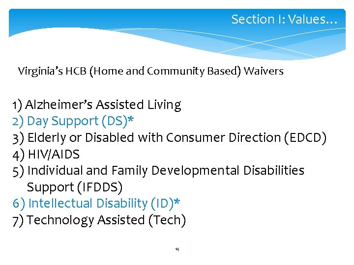 Section I: Values… Virginia’s HCB (Home and Community Based) Waivers 1) Alzheimer’s Assisted Living