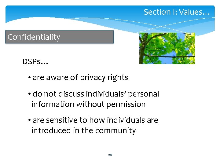 Section I: Values… Confidentiality DSPs… • are aware of privacy rights • do not
