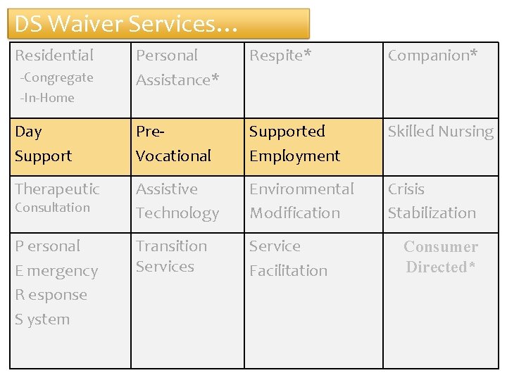 DS Waiver Services… Residential Personal Assistance* Respite* Companion* Day Support Pre. Vocational Supported Employment