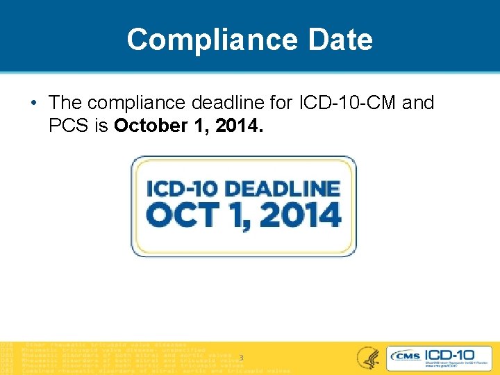 Compliance Date • The compliance deadline for ICD-10 -CM and PCS is October 1,