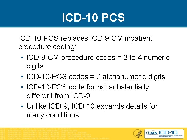 ICD-10 PCS ICD-10 -PCS replaces ICD-9 -CM inpatient procedure coding: • ICD-9 -CM procedure