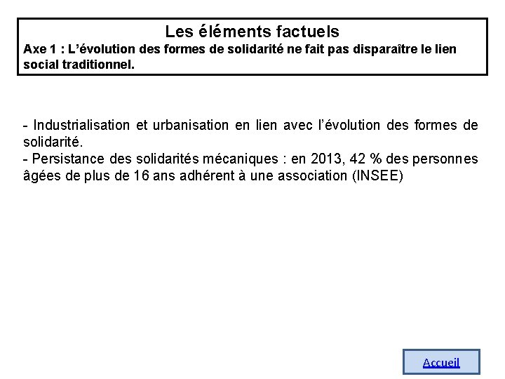 Les éléments factuels Axe 1 : L’évolution des formes de solidarité ne fait pas