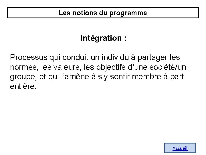 Les notions du programme Intégration : Processus qui conduit un individu à partager les