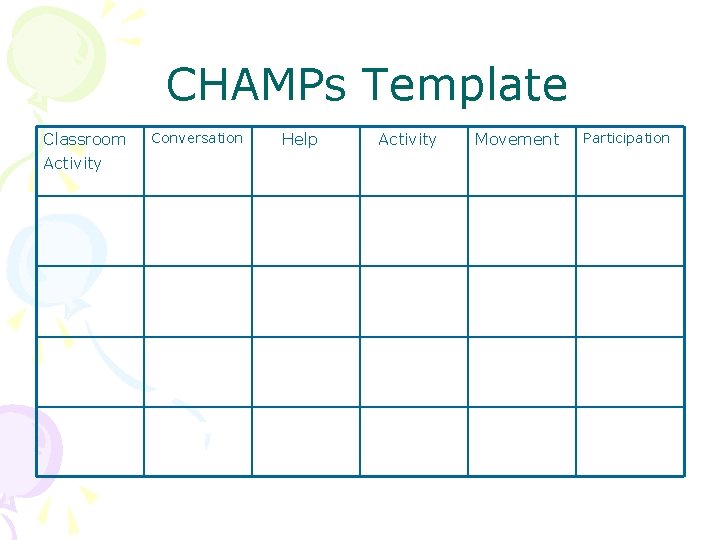 CHAMPs Template Classroom Activity Conversation Help Activity Movement Participation 