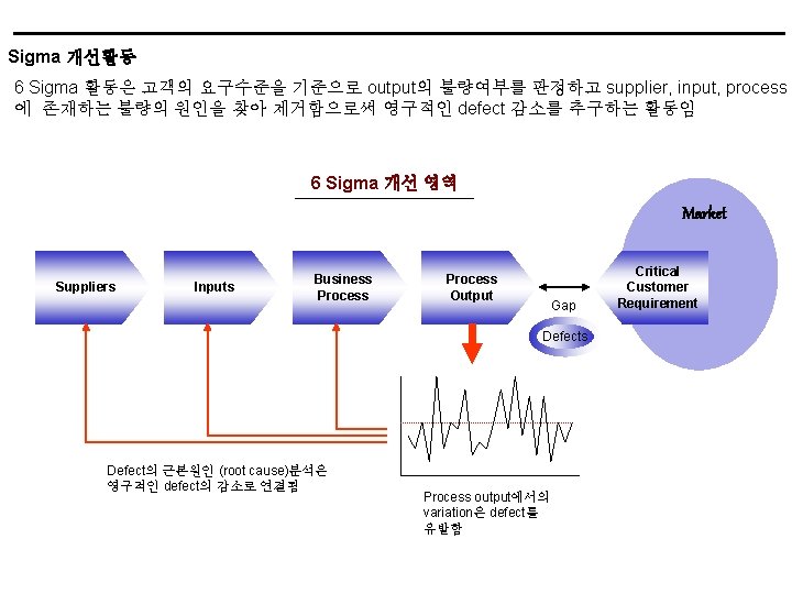 Sigma 개선활동 6 Sigma 활동은 고객의 요구수준을 기준으로 output의 불량여부를 판정하고 supplier, input, process