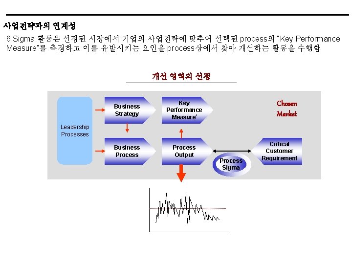 사업전략과의 연계성 6 Sigma 활동은 선정된 시장에서 기업의 사업전략에 맞추어 선택된 process의 “Key Performance