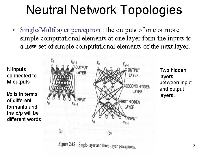 Neutral Network Topologies • Single/Multilayer perceptron : the outputs of one or more simple