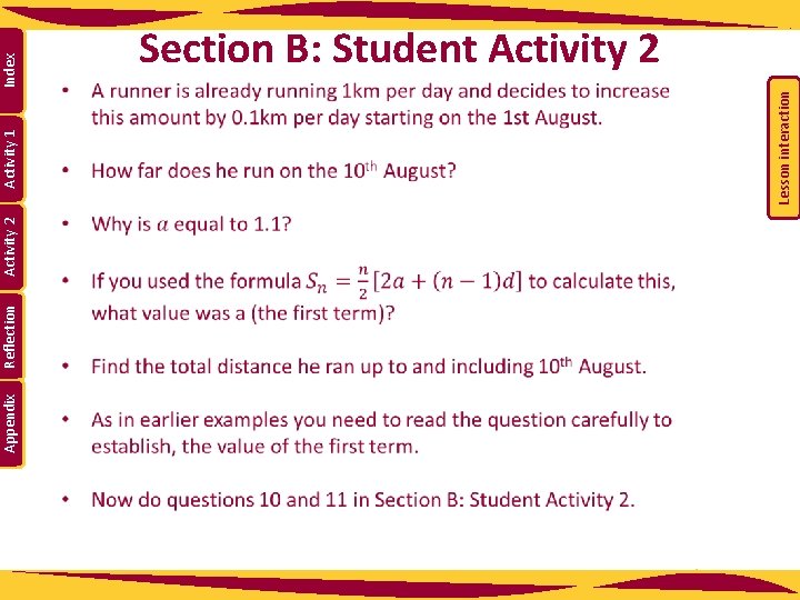 Appendix Reflection Activity 2 Index Lesson interaction Activity 1 Section B: Student Activity 2