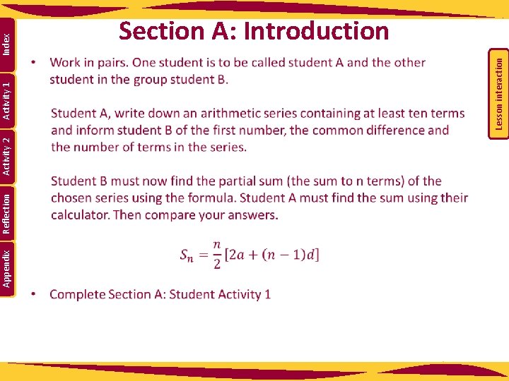 Appendix Reflection Activity 2 Index Lesson interaction Activity 1 Section A: Introduction 
