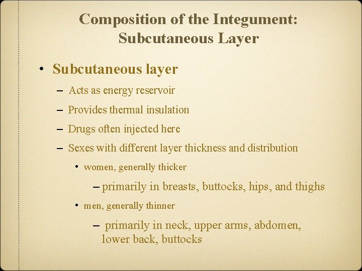 Composition of the Integument: Subcutaneous Layer • Subcutaneous layer – Acts as energy reservoir