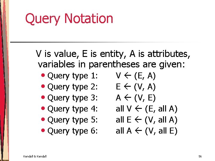 Query Notation V is value, E is entity, A is attributes, variables in parentheses