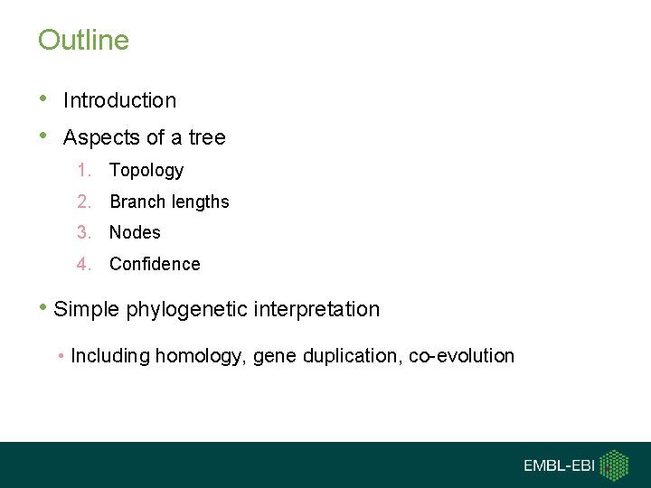 Outline • Introduction • Aspects of a tree 1. Topology 2. Branch lengths 3. Outline • Introduction • Aspects of a tree 1. Topology 2. Branch lengths 3.