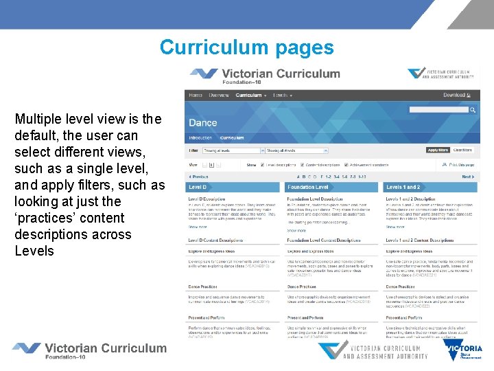 Curriculum pages Multiple level view is the default, the user can select different views, Curriculum pages Multiple level view is the default, the user can select different views,