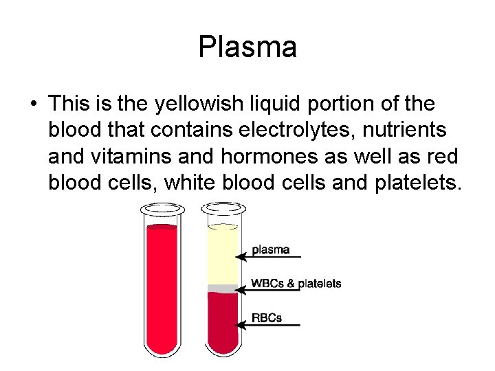 Plasma • This is the yellowish liquid portion of the blood that contains electrolytes,