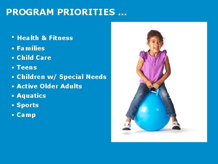 PROGRAM PRIORITIES … • Health & Fitness • Families • Child Care • Teens