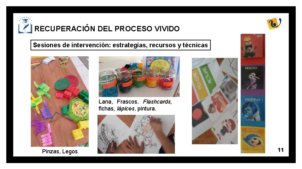 RECUPERACIÓN DEL PROCESO VIVIDO Sesiones de intervención: estrategias, recursos y técnicas Lana, Frascos, Flashcards,