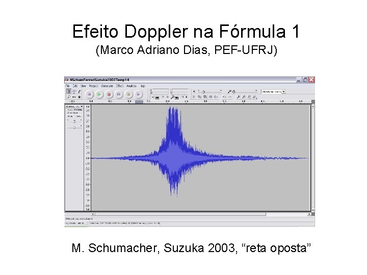 Efeito Doppler na Fórmula 1 (Marco Adriano Dias, PEF-UFRJ) M. Schumacher, Suzuka 2003, “reta Efeito Doppler na Fórmula 1 (Marco Adriano Dias, PEF-UFRJ) M. Schumacher, Suzuka 2003, “reta