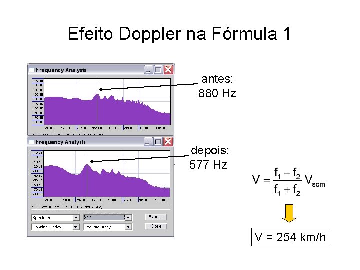 Efeito Doppler na Fórmula 1 antes: 880 Hz depois: 577 Hz V = 254 Efeito Doppler na Fórmula 1 antes: 880 Hz depois: 577 Hz V = 254