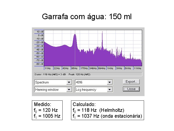 Garrafa com água: 150 ml Medido: f 0 = 120 Hz f 1 = Garrafa com água: 150 ml Medido: f 0 = 120 Hz f 1 =