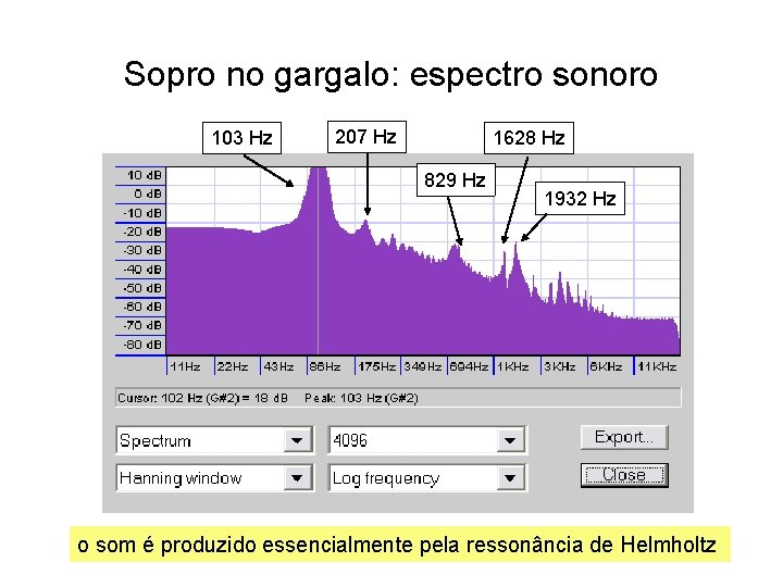 Sopro no gargalo: espectro sonoro 103 Hz 207 Hz 1628 Hz 829 Hz 1932 Sopro no gargalo: espectro sonoro 103 Hz 207 Hz 1628 Hz 829 Hz 1932