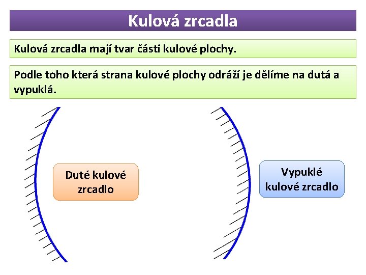 Kulová zrcadla mají tvar části kulové plochy. Podle toho která strana kulové plochy odráží