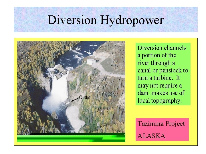 Diversion Hydropower Diversion channels a portion of the river through a canal or penstock