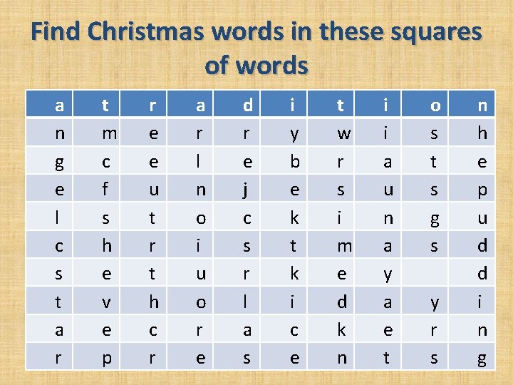 Find Christmas words in these squares of words a n g e l c