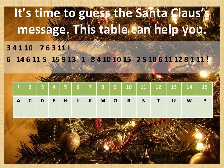 It’s time to guess the Santa Claus’s message. This table can help you. 3