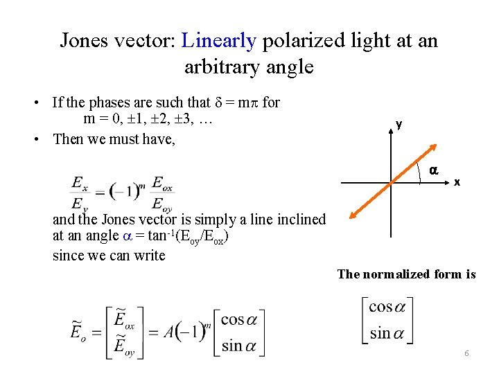 Jones vector: Linearly polarized light at an arbitrary angle • If the phases are Jones vector: Linearly polarized light at an arbitrary angle • If the phases are
