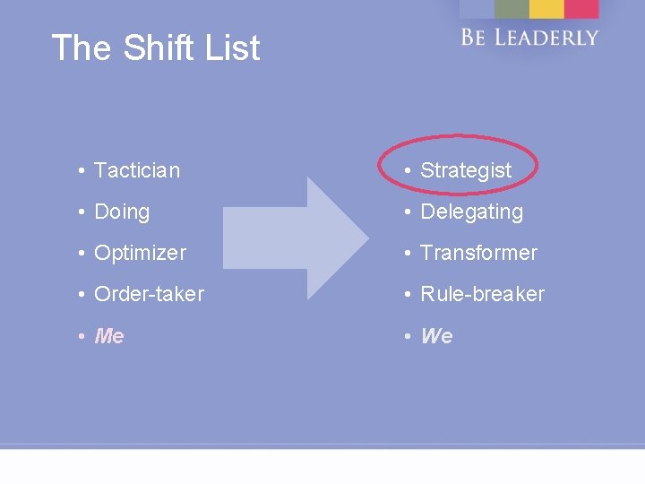 The Shift List • Tactician • Strategist • Doing • Delegating • Optimizer •