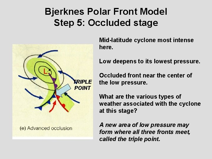 Bjerknes Polar Front Model Step 5: Occluded stage Mid-latitude cyclone most intense here. Low
