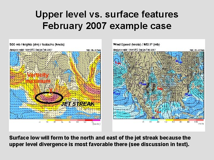 Upper level vs. surface features February 2007 example case Vorticity maximum X JET STREAK