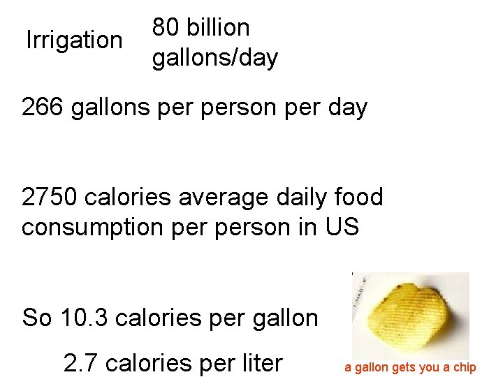 Irrigation 80 billion gallons/day 266 gallons person per day 2750 calories average daily food