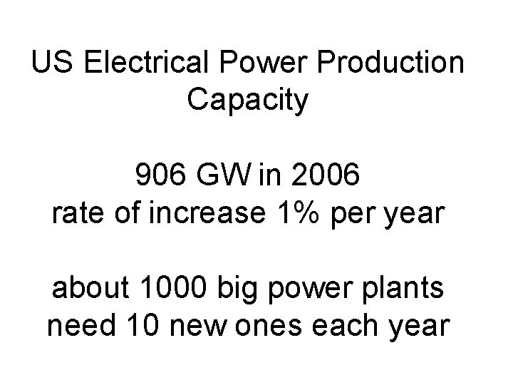 US Electrical Power Production Capacity 906 GW in 2006 rate of increase 1% per