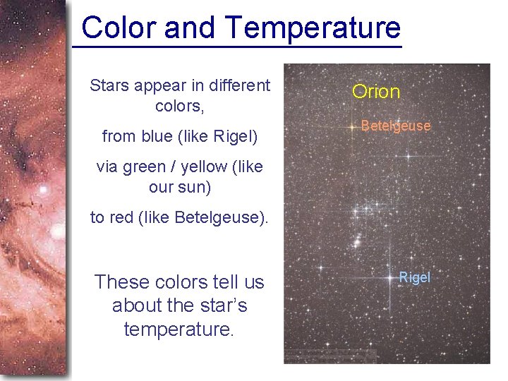 Color and Temperature Stars appear in different colors, from blue (like Rigel) Orion Betelgeuse