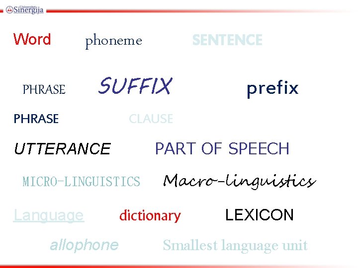 Word PHRASE phoneme SENTENCE SUFFIX PHRASE CLAUSE PART OF SPEECH UTTERANCE MICRO-LINGUISTICS Language allophone