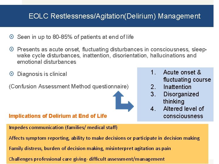 EOLC Restlessness/Agitation(Delirium) Management Seen in up to 80 -85% of patients at end of