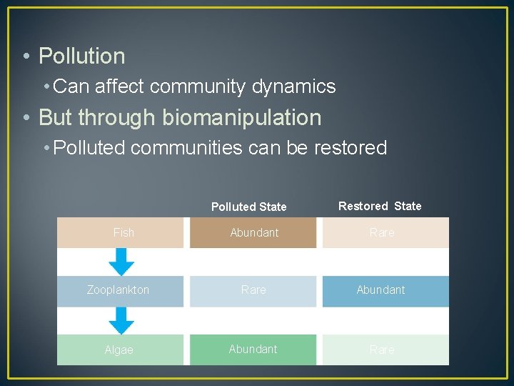  • Pollution • Can affect community dynamics • But through biomanipulation • Polluted