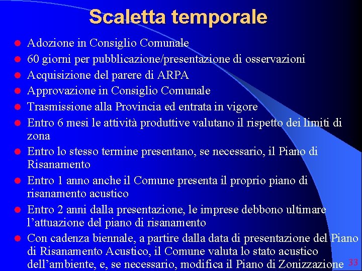 Scaletta temporale l l l l l Adozione in Consiglio Comunale 60 giorni per