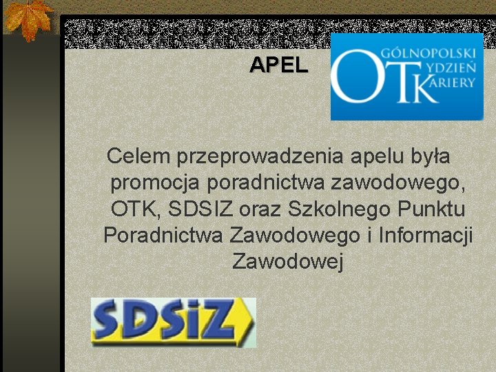 APEL Celem przeprowadzenia apelu była promocja poradnictwa zawodowego, OTK, SDSIZ oraz Szkolnego Punktu Poradnictwa