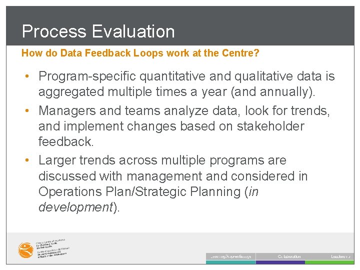 Process Evaluation How do Data Feedback Loops work at the Centre? • Program-specific quantitative