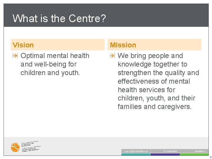 What is the Centre? Vision Optimal mental health and well-being for children and youth.