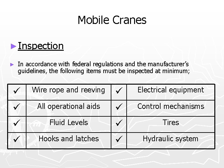 Mobile Cranes ► Inspection ► In accordance with federal regulations and the manufacturer’s guidelines,