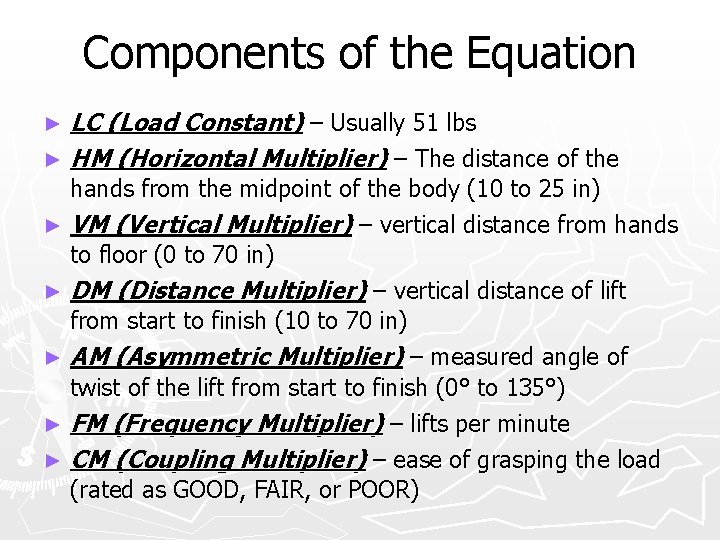 Components of the Equation LC (Load Constant) – Usually 51 lbs ► HM (Horizontal