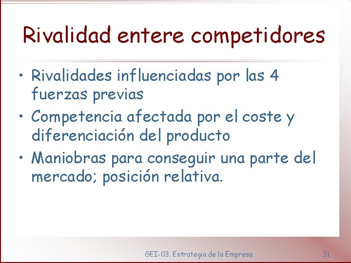 Rivalidad entere competidores • Rivalidades influenciadas por las 4 fuerzas previas • Competencia afectada