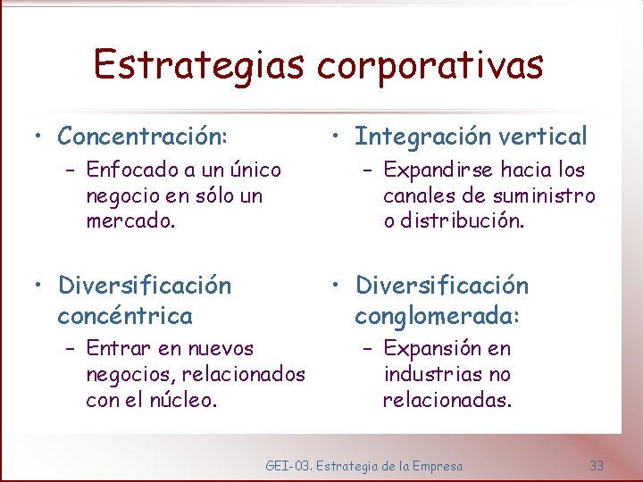 Estrategias corporativas • Concentración: • Integración vertical – Enfocado a un único negocio en