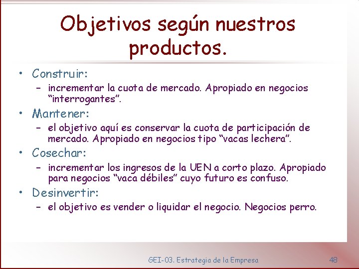 Objetivos según nuestros productos. • Construir: – incrementar la cuota de mercado. Apropiado en