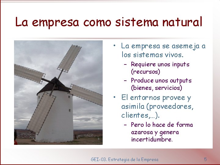 La empresa como sistema natural • La empresa se asemeja a los sistemas vivos.